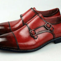 Dual Monk Style Burgundy Patina Cap Toe Genuine Leather Business Fashion Shoes - Thumbnail 1