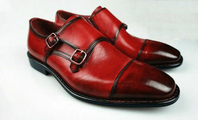Dual Monk Style Burgundy Patina Cap Toe Genuine Leather Business Fashion Shoes