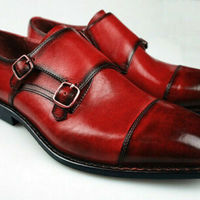 Dual Monk Style Burgundy Patina Cap Toe Genuine Leather Business Fashion Shoes - Thumbnail 4