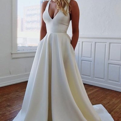  elegant white v neck satin long prom dress with pockets,white evening dress,bow back formal dress,772