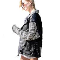 Full Heavy Metal Punk Silver Studded Long Sleeves Black Real Leather Jacket - Thumbnail 1