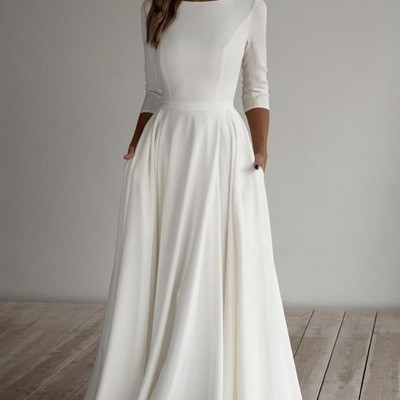 Clean satin 3/4 sleeves bridal dresses with pockets，777