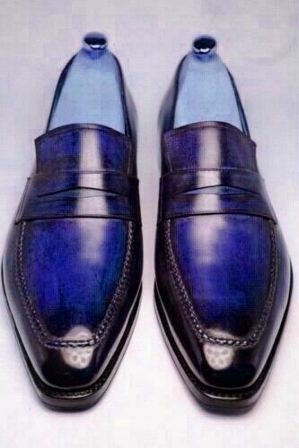 Sterling Blue Patina Real Leather Penny Loafer Slip On Handmade Luxury Shoes