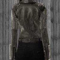 Women Perfect Wear Heavy Metal Silver Punk Spike Studded Real Leather Jacket - Thumbnail 1
