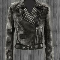Women Perfect Wear Heavy Metal Silver Punk Spike Studded Real Leather Jacket - Thumbnail 4