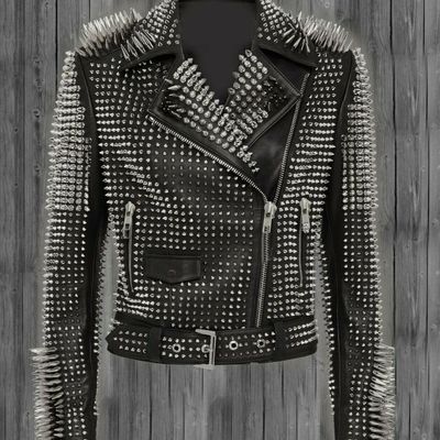 Women perfect wear heavy metal silver punk spike studded real leather jacket