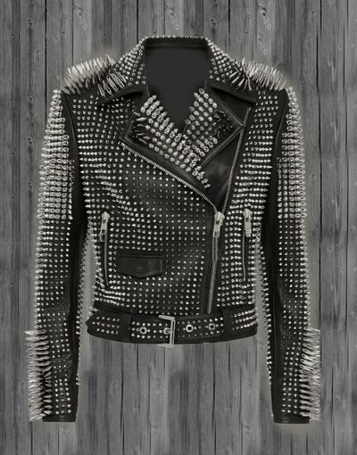Women Perfect Wear Heavy Metal Silver Punk Spike Studded Real Leather Jacket