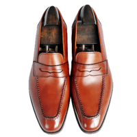 Luxury Wear Brown Penny Loafer Apron Toe Slip On Patina Real Leather Dress Shoes - Thumbnail 1