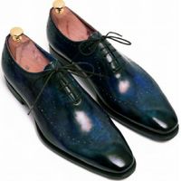 Burnished Navy Blue Patina Balmoral Style Genuine Leather Men Business Shoes - Thumbnail 4
