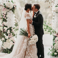 Romantic A-Line V Neck Open Back Short Sleeved Champagne Tulle 3D Flowers Appliques Wedding Dresses,782 - Thumbnail 1