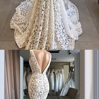 Charming Mermaid V Neck Open Back Ivory Lace Wedding Dresses with Train,Vintage Bridal Wedding Gown,784 - Thumbnail 1