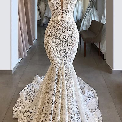 Charming mermaid v neck open back ivory lace wedding dresses with train,vintage bridal wedding gown,784
