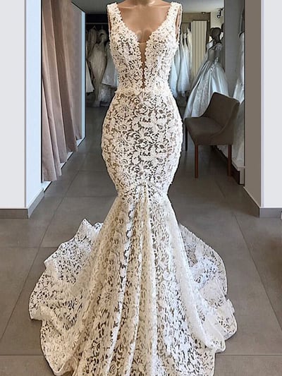 Charming Mermaid V Neck Open Back Ivory Lace Wedding Dresses with Train,Vintage Bridal Wedding Gown,784