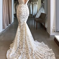 Charming Mermaid V Neck Open Back Ivory Lace Wedding Dresses with Train,Vintage Bridal Wedding Gown,784 - Thumbnail 2