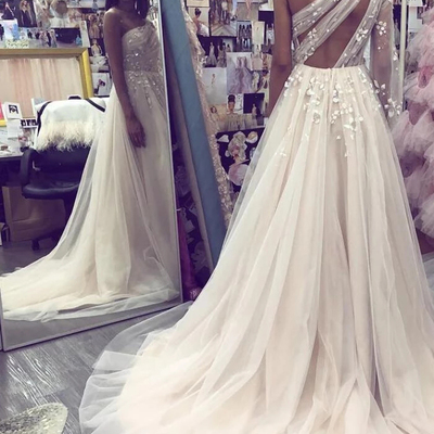 Princess a-line one shoulder long sleeve white tulle appliques long wedding dresses,unique bridal gown,785