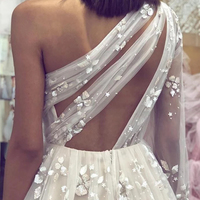 Princess A-Line One Shoulder Long Sleeve White Tulle Appliques Long Wedding Dresses,Unique Bridal Gown,785 - Thumbnail 2