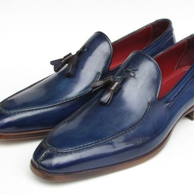 Handmade men's navy blue leather tassels slips on moccasin shoes