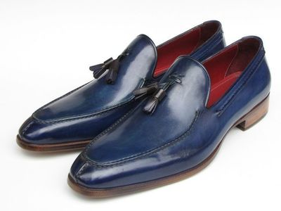 Handmade Men's Navy Blue Leather Tassels Slips On Moccasin Shoes
