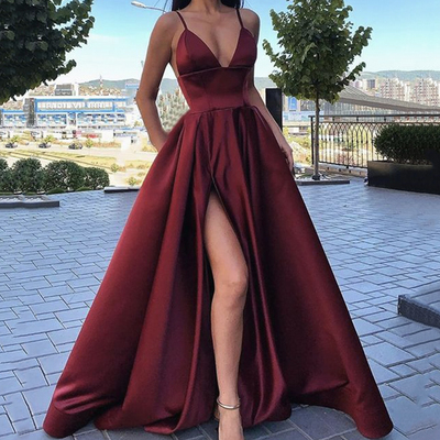 Burgundy satin long prom dress evening dress - Thumbnail 5