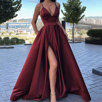 Burgundy satin long prom dress evening dress - Thumbnail 1