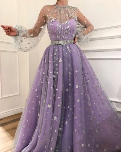 Gorgeous Ball Gown Sparkly Star Tulle Light Purple Prom Dresses with Silver Belt