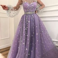 Gorgeous Ball Gown Sparkly Star Tulle Light Purple Prom Dresses with Silver Belt - Thumbnail 1