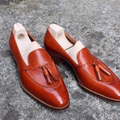 Handmade new congac brown tassels loafer leather party wear shoes