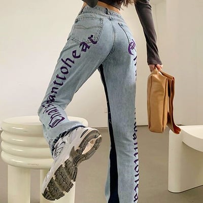 That's all i want to hear embroidered high waist patchwork straight-leg jeans denim pants