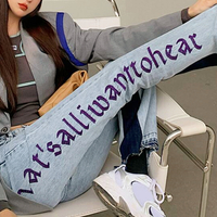 That's all I want to hear Embroidered High waist Patchwork Straight-leg Jeans Denim Pants - Thumbnail 1