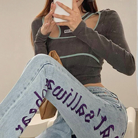 That's all I want to hear Embroidered High waist Patchwork Straight-leg Jeans Denim Pants - Thumbnail 2