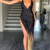 Sexy Mermaid Deep V Neck Black and Gold Sequins Long Prom Gown with High Slit - Thumbnail 1