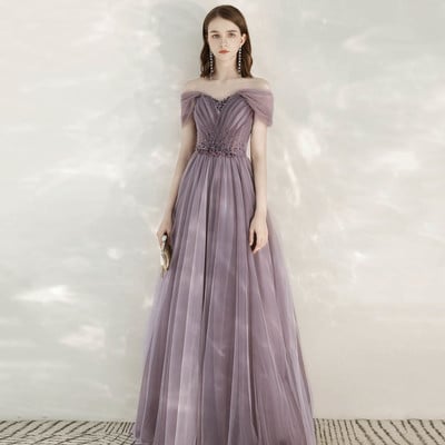 Purple tulle beads long prom dress evening dress - Thumbnail 4