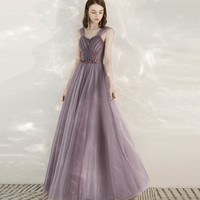 Purple tulle beads long prom dress evening dress - Thumbnail 2