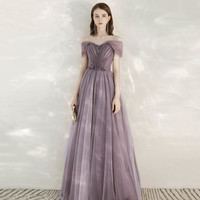 Purple tulle beads long prom dress evening dress - Thumbnail 3