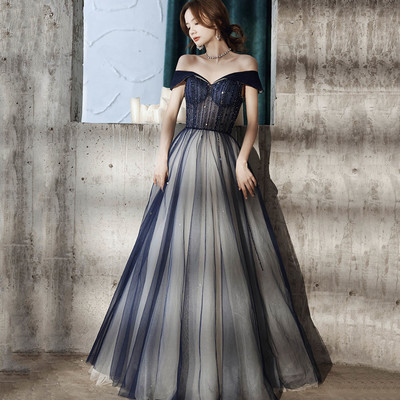 Blue tulle beads long prom dress blue evening dress - Thumbnail 3