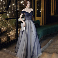 Blue tulle beads long prom dress blue evening dress - Thumbnail 1