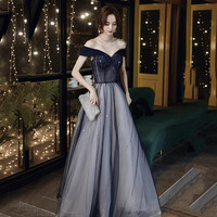 Blue tulle beads long prom dress blue evening dress - Thumbnail 2