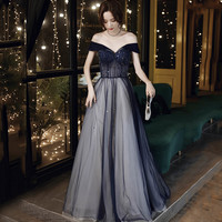 Blue tulle beads long prom dress blue evening dress - Thumbnail 3