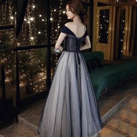 Blue tulle beads long prom dress blue evening dress - Thumbnail 5
