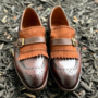 New Men's Brown Brogue Fringes Monk Strap Handmade Leather Suede Shoes.-1