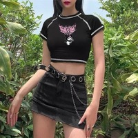 Black Japanese Anime Cartoon Print Crop Top Short Sleeve Shirt T-shirt - Thumbnail 1