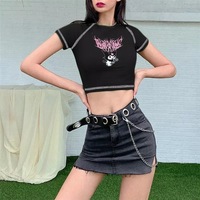 Black Japanese Anime Cartoon Print Crop Top Short Sleeve Shirt T-shirt - Thumbnail 3