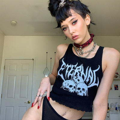 Black Skull Print Knit Ruffle Tank Top Cropped Sleeveless Shirt Causal Goth Punk Causal Summer E-Girl Kawaii Korean Japanese Harajuku Streetwear