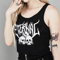 Black Skull Print Knit Ruffle Tank Top Cropped Sleeveless Shirt Causal Goth Punk Causal Summer E-Girl Kawaii Korean Japanese Harajuku Streetwear - Thumbnail 1