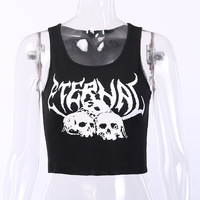 Black Skull Print Knit Ruffle Tank Top Cropped Sleeveless Shirt Causal Goth Punk Causal Summer E-Girl Kawaii Korean Japanese Harajuku Streetwear - Thumbnail 4