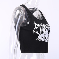 Black Skull Print Knit Ruffle Tank Top Cropped Sleeveless Shirt Causal Goth Punk Causal Summer E-Girl Kawaii Korean Japanese Harajuku Streetwear - Thumbnail 5