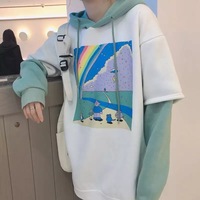 Rainbow Cartoon Print Hoodie Patchwork Loose Drawstring Sweatshirt Sweater Long Sleeve Pullover E-Girl Kawaii Korean Japanese Harajuku Streetwear - Thumbnail 2