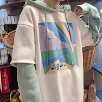 Rainbow Cartoon Print Hoodie Patchwork Loose Drawstring Sweatshirt Sweater Long Sleeve Pullover E-Girl Kawaii Korean Japanese Harajuku Streetwear - Thumbnail 3