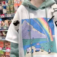 Rainbow Cartoon Print Hoodie Patchwork Loose Drawstring Sweatshirt Sweater Long Sleeve Pullover E-Girl Kawaii Korean Japanese Harajuku Streetwear - Thumbnail 5