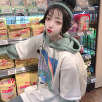 Rainbow Cartoon Print Hoodie Patchwork Loose Drawstring Sweatshirt Sweater Long Sleeve Pullover E-Girl Kawaii Korean Japanese Harajuku Streetwear - Thumbnail 8